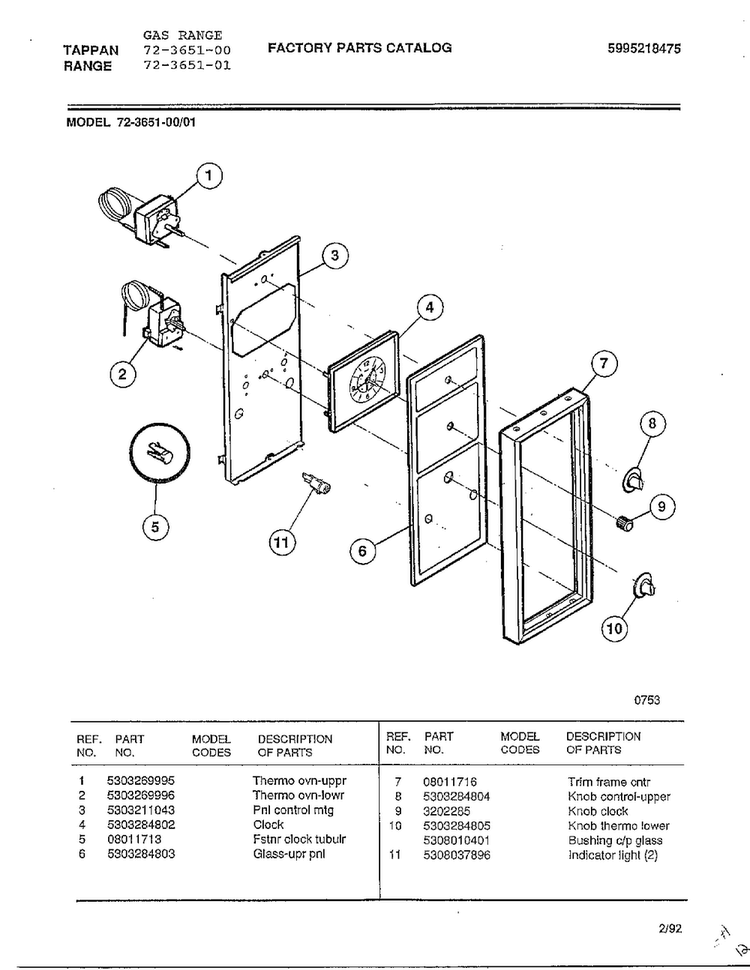 Gas Range Page 10 Diagram and Parts List for 72-3651-00  Tappan Range