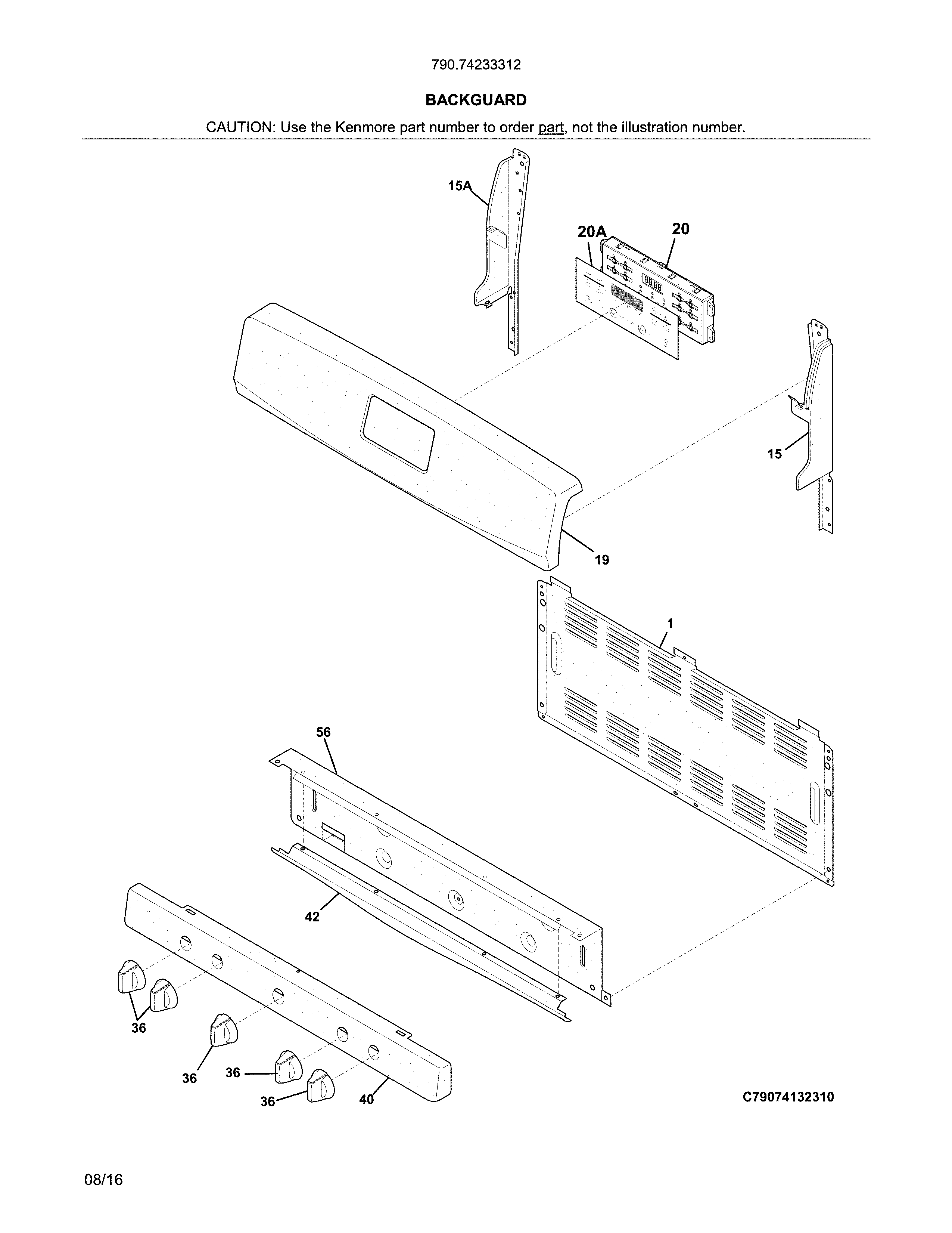 Backguard Diagram and Parts List for 79074233312  Kenmore Range