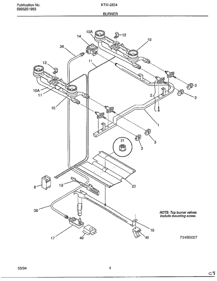 Burner Diagram and Parts List for 2834-80B  Frigidaire Range