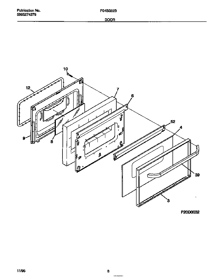 DOOR Diagram and Parts List for F04B322BDC  Frigidaire Range