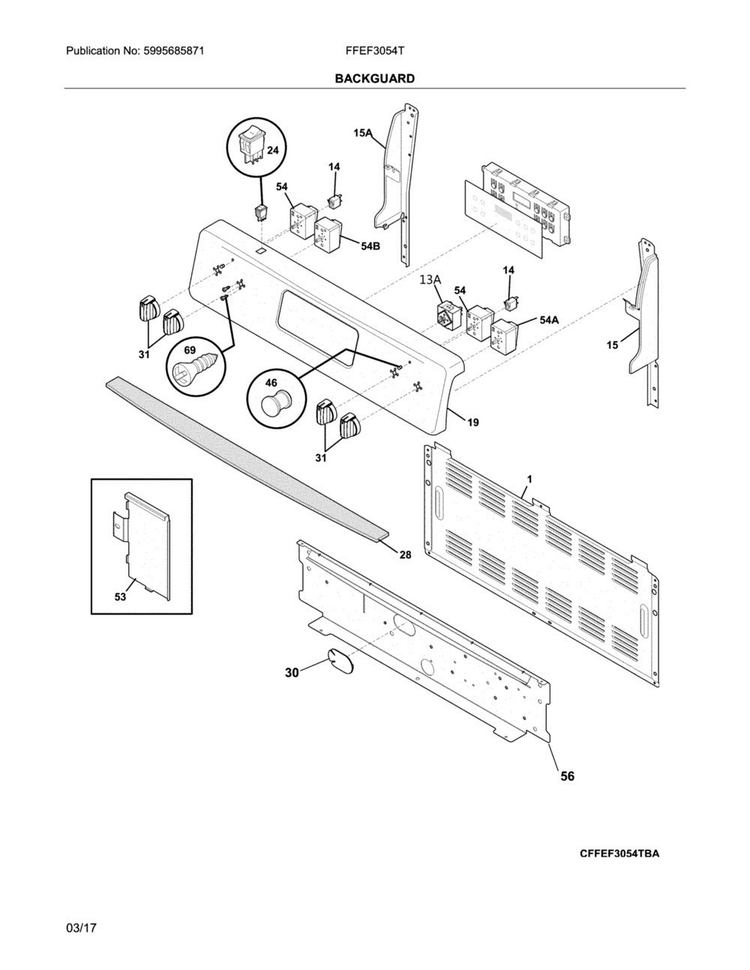 Backguard Diagram and Parts List for FFEF3054TWA  Frigidaire Range