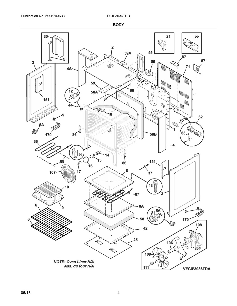 Body Diagram and Parts List for FGIF3036TDB  Frigidaire Range