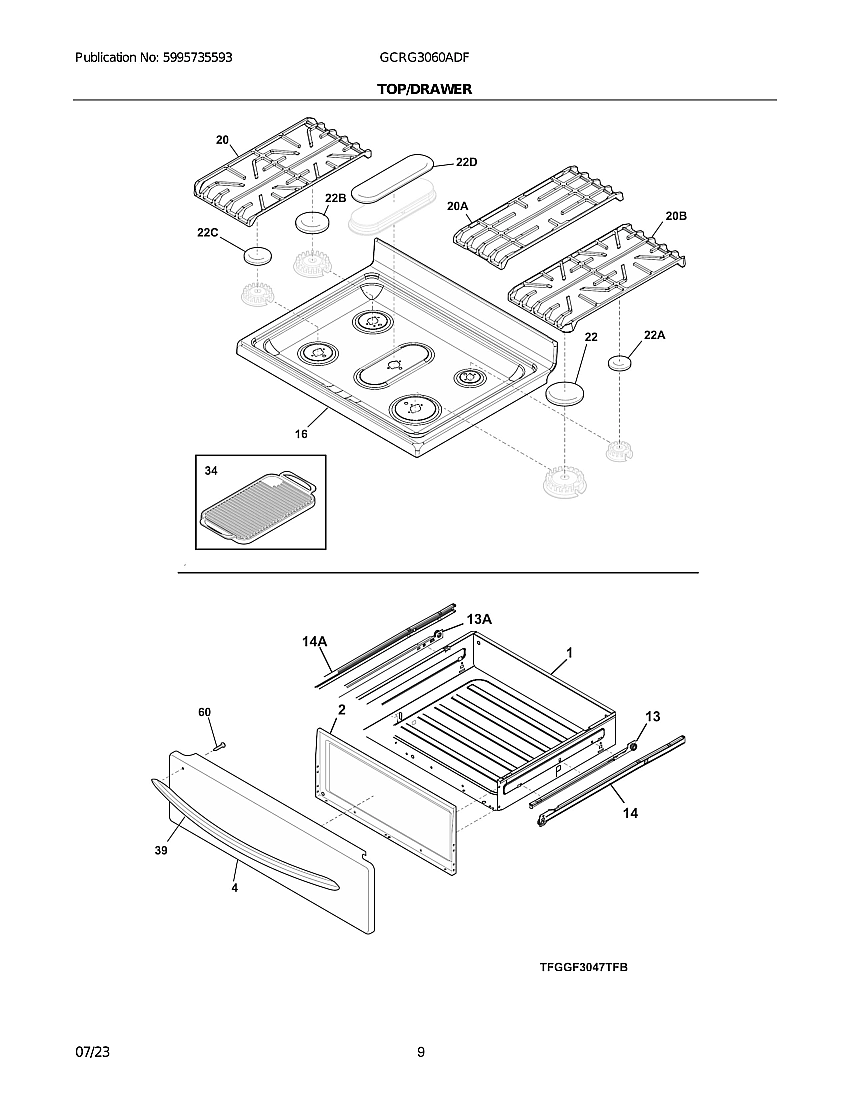 Top/Drawer Diagram and Parts List for GCRG3060ADF  Frigidaire Range