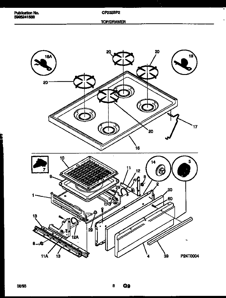 COOKTOP AND BROILER DRAWER PARTS Diagram and Parts List for CP302BP2W2  Frigidaire Range