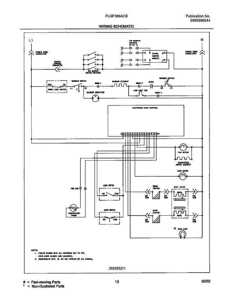 WIRING SCHEMATIC Diagram and Parts List for PLGF389ACB  Frigidaire Range