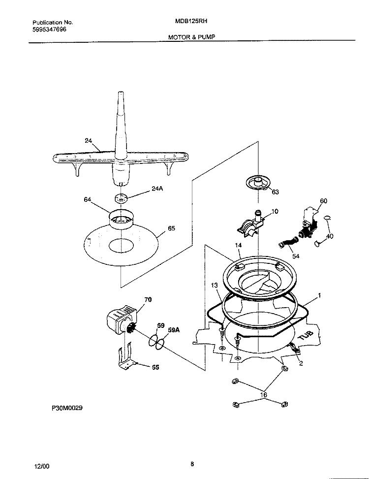 MOTOR & PUMP Diagram and Parts List for MDB125RHD1  Frigidaire Dishwasher