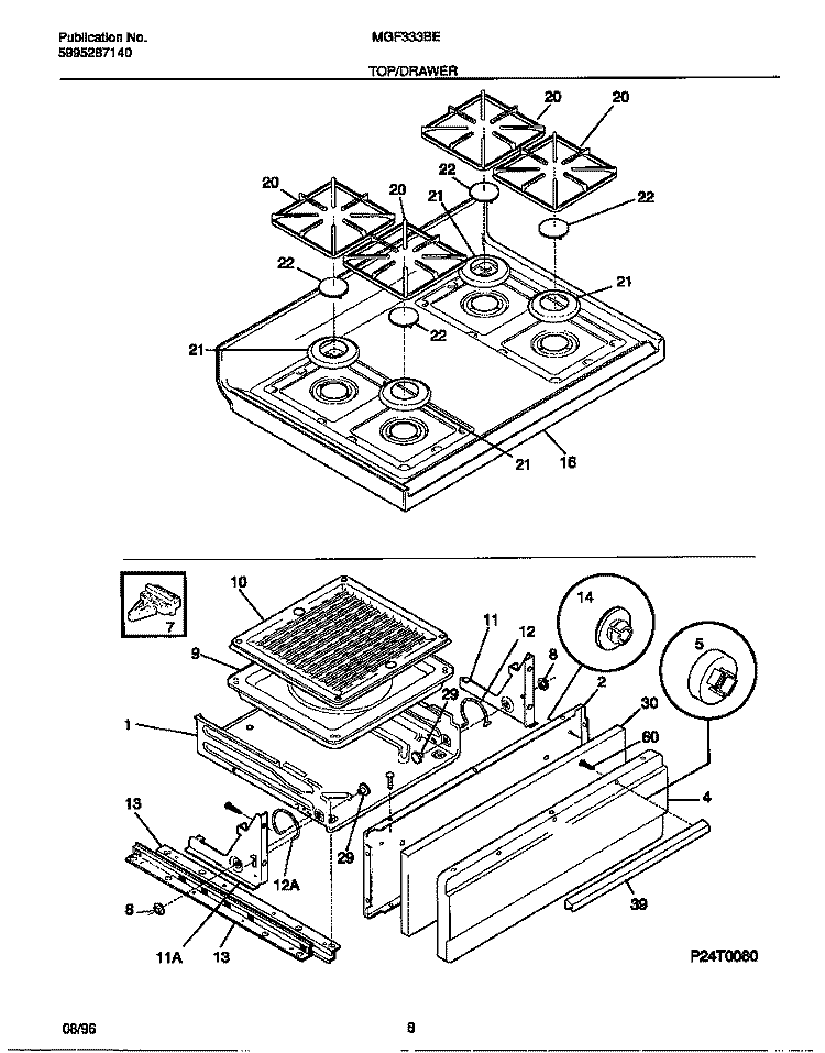 TOP / DRAWER Diagram and Parts List for MGF333BEDC  Frigidaire Range