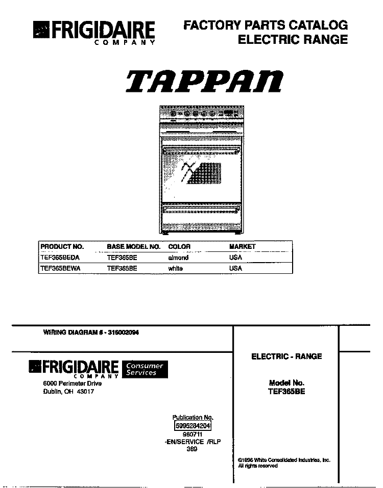 COVER Diagram and Parts List for TEF365BEWA  Tappan Range