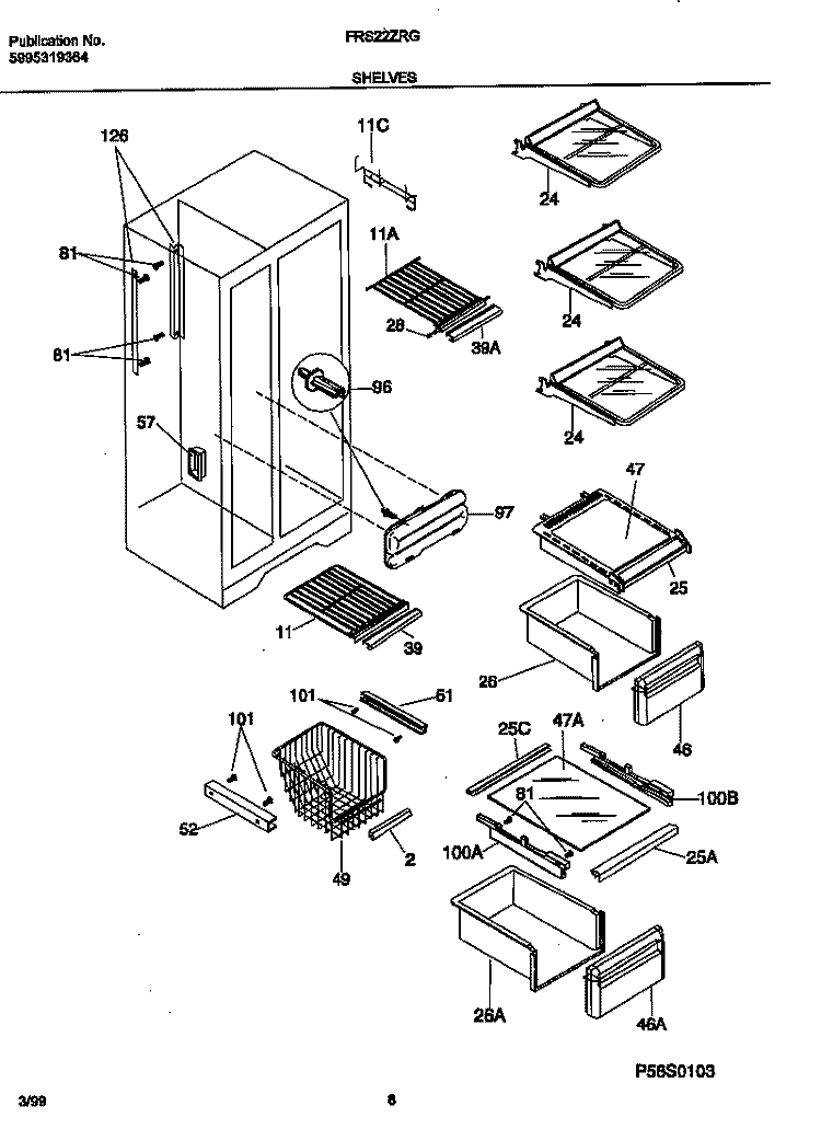 SHELVES Diagram and Parts List for FRS22ZRGB3  Frigidaire Refrigerator