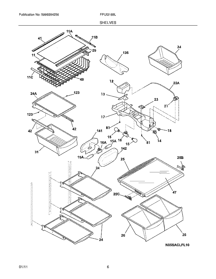 SHELVES Diagram and Parts List for FPUI2188LR1  Frigidaire Refrigerator
