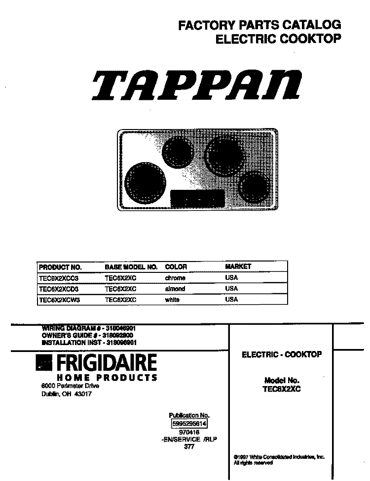 COVER Diagram and Parts List for TEC6X2XCD3  Tappan Cooktop