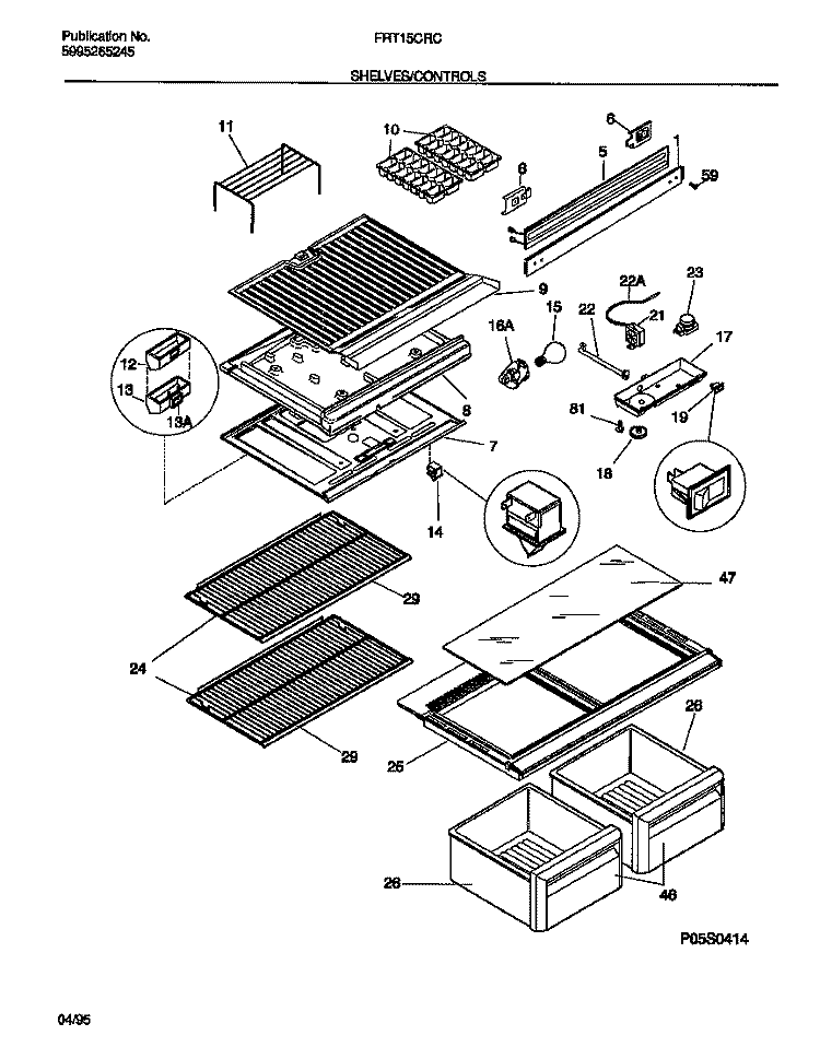 SHELVES / CONTROLS Diagram and Parts List for FRT15CRCD0  Frigidaire Refrigerator