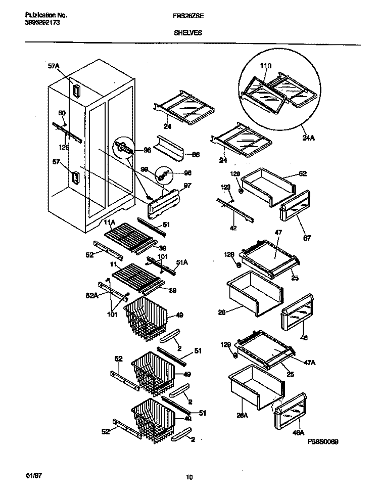 SHELVES Diagram and Parts List for FRS26ZSEB3  Frigidaire Refrigerator