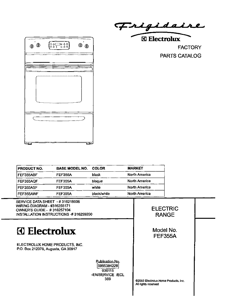COVER Diagram and Parts List for FEF355AWF  Frigidaire Range