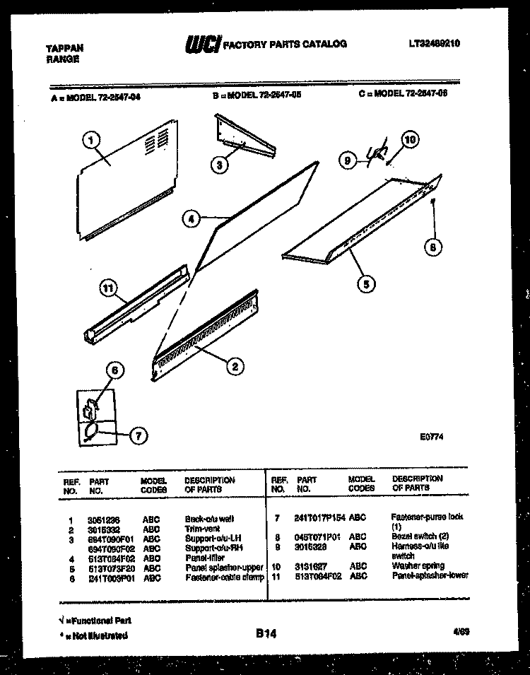 SPLASHER CONTROL Diagram and Parts List for 72-2547-66-04  Tappan Range