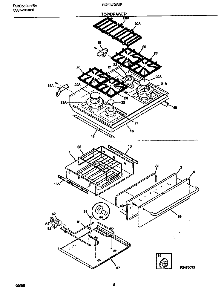 TOP / DRAWER Diagram and Parts List for FGF379WESA  Frigidaire Range
