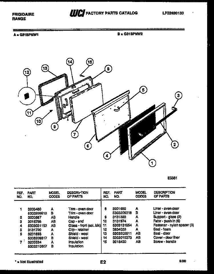 DOOR PARTS Diagram and Parts List for G31BPNL2  Frigidaire Range