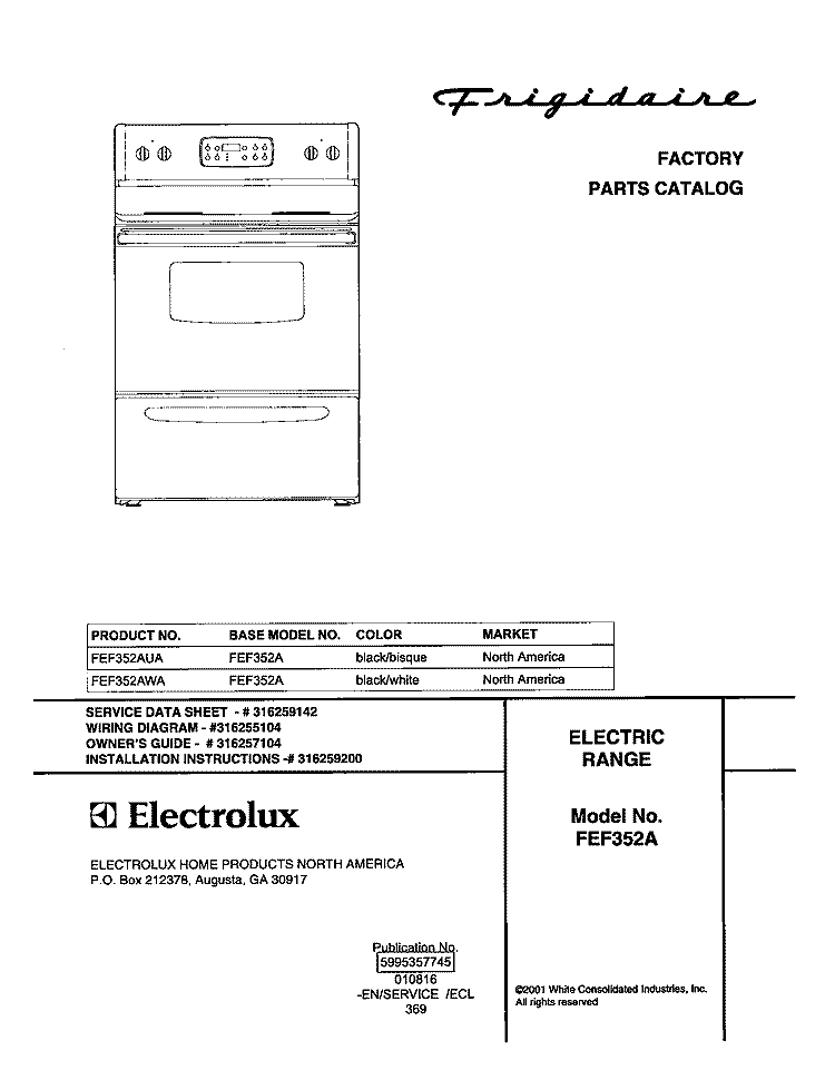 COVER Diagram and Parts List for FEF352AUA  Frigidaire Range