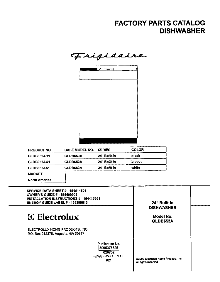 COVER Diagram and Parts List for GLDB653AS1  Frigidaire Dishwasher
