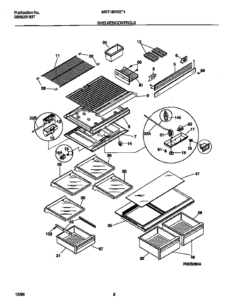 SHELVES / CONTROLS Diagram and Parts List for MRT18RRED1  Frigidaire Refrigerator