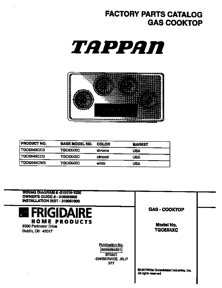 COVER Diagram and Parts List for TGC6X4XCC3  Tappan Cooktop
