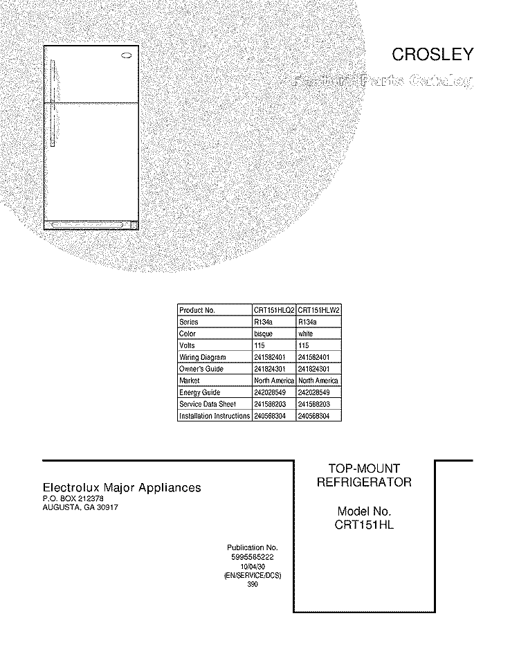 COVER Diagram and Parts List for CRT151HLW2  Crosley Refrigerator