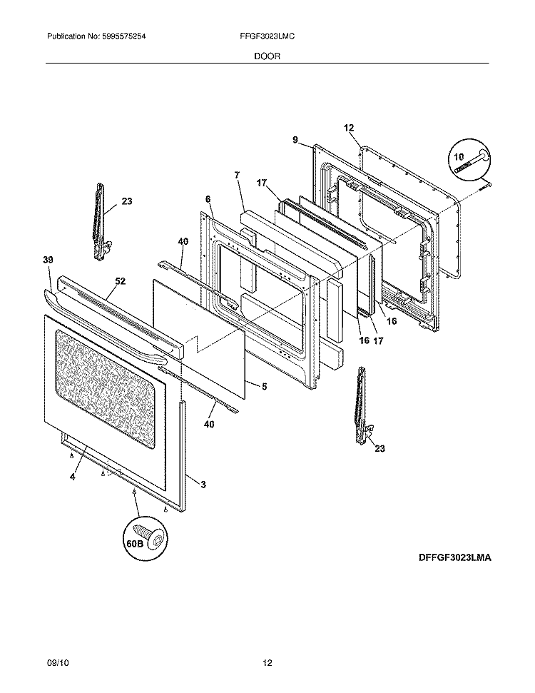 DOOR Diagram and Parts List for FFGF3023LMC  Frigidaire Range
