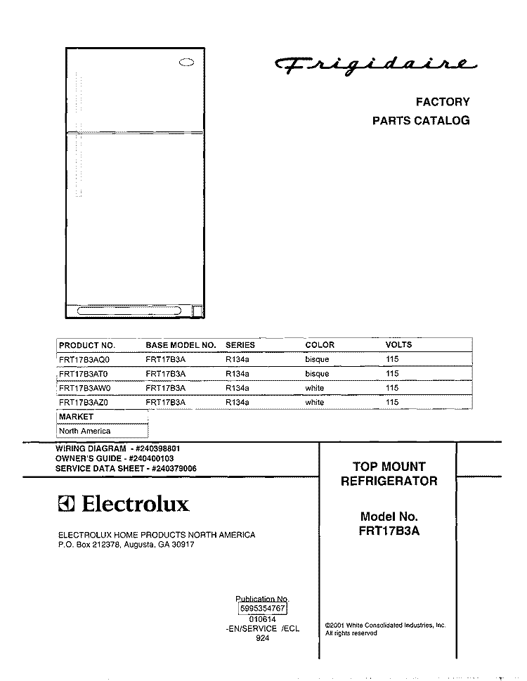 COVER Diagram and Parts List for FRT17B3AW0  Frigidaire Refrigerator