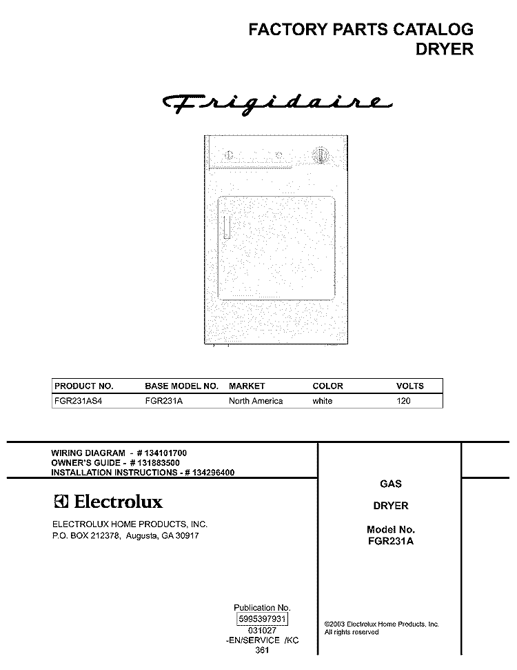 COVER Diagram and Parts List for FGR231AS4  Frigidaire Dryer