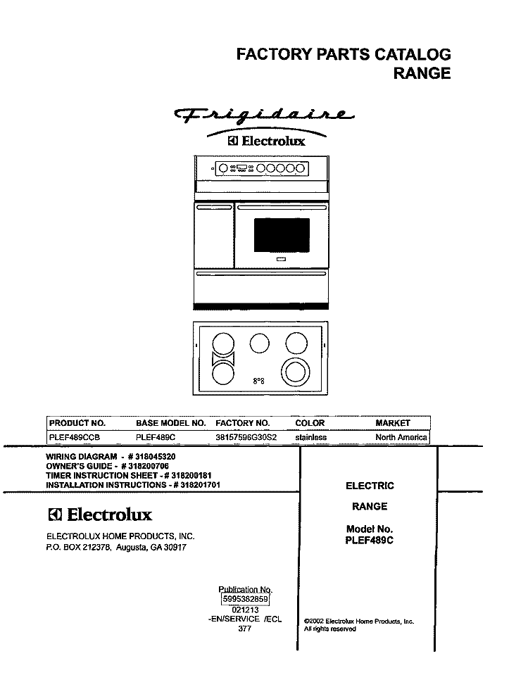 COVER Diagram and Parts List for PLEF489CCB  Frigidaire Range