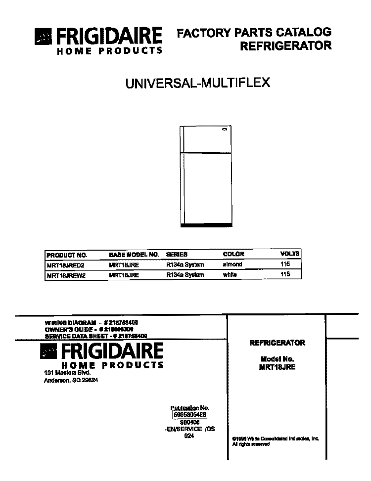 COVER Diagram and Parts List for MRT18JRED2  Frigidaire Refrigerator