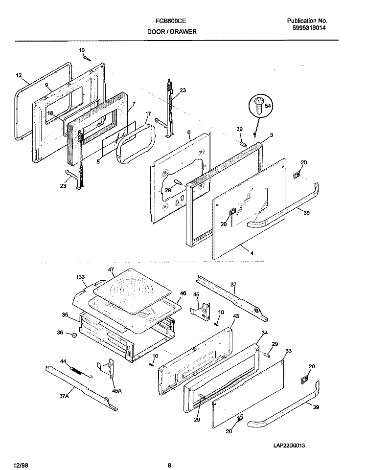 DOOR / DRAWER Diagram and Parts List for FGB500CESH  Frigidaire Wall Oven