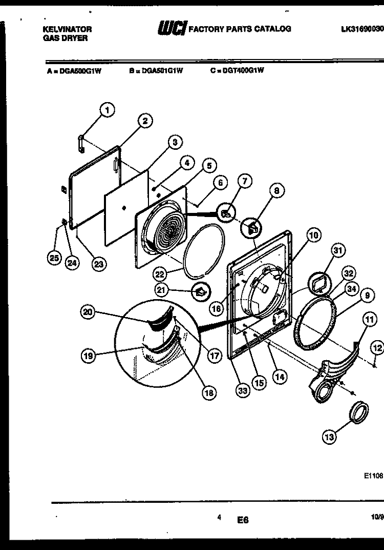 DOOR PARTS Diagram and Parts List for DGA500G1D  Kelvinator Dryer