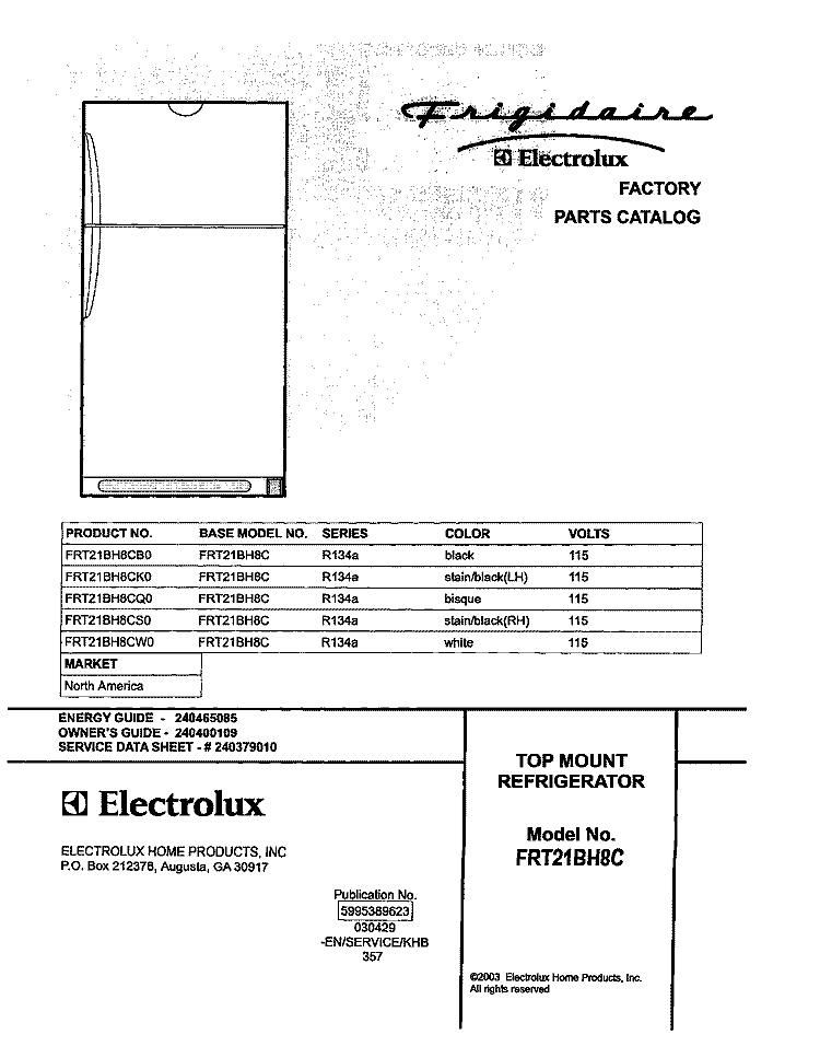 COVER Diagram and Parts List for FRT21BH8CQ0  Frigidaire Refrigerator
