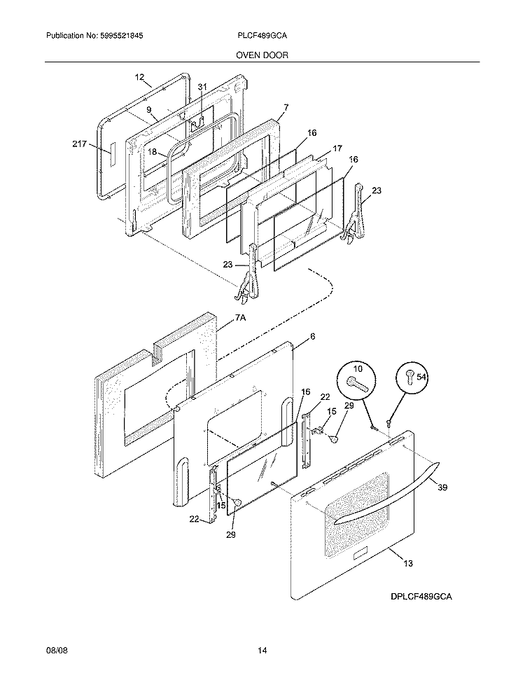 OVEN DOOR Diagram and Parts List for PLCF489GCA  Frigidaire Range