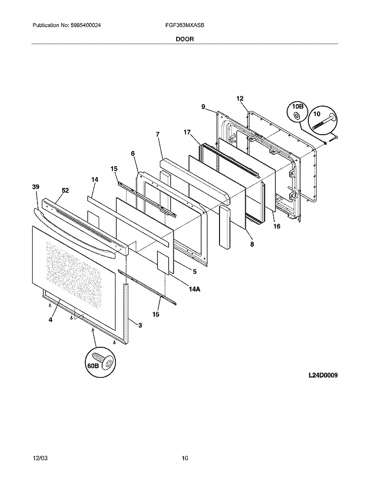 DOOR Diagram and Parts List for FGF363MXASB  Frigidaire Range