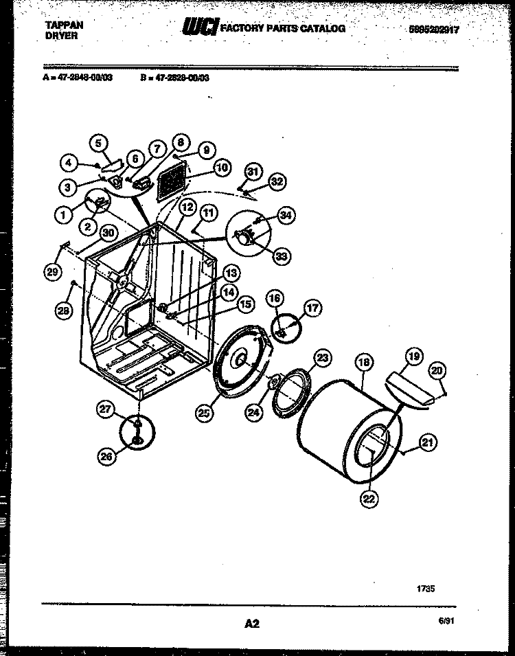 CABINET AND COMPONENT PARTS Diagram and Parts List for 47-2828-23-03  Tappan Dryer