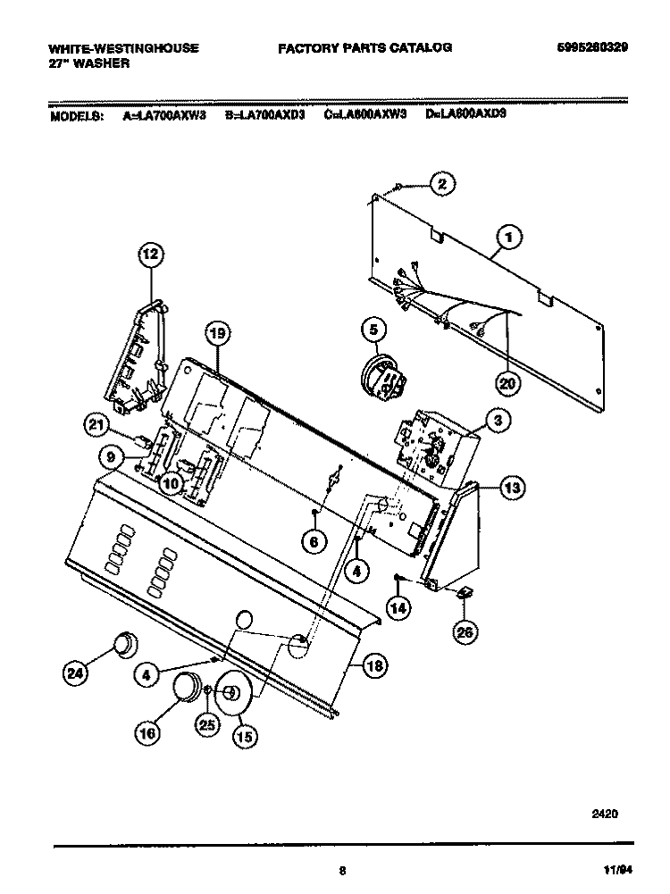 CONSOLE & CONTROLS Diagram and Parts List for LA700AXD3  Frigidaire Washer