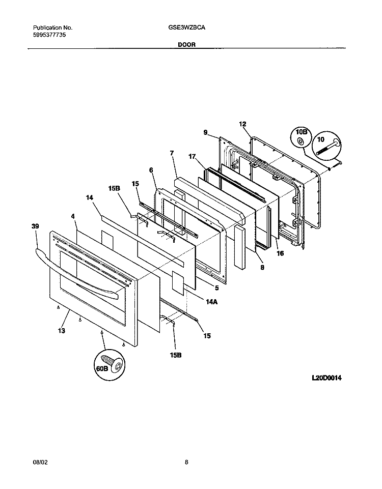 DOOR Diagram and Parts List for GSE3WZBCA  Frigidaire Range