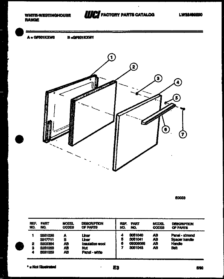 DOOR PARTS Diagram and Parts List for GF501KXD0  Frigidaire Range