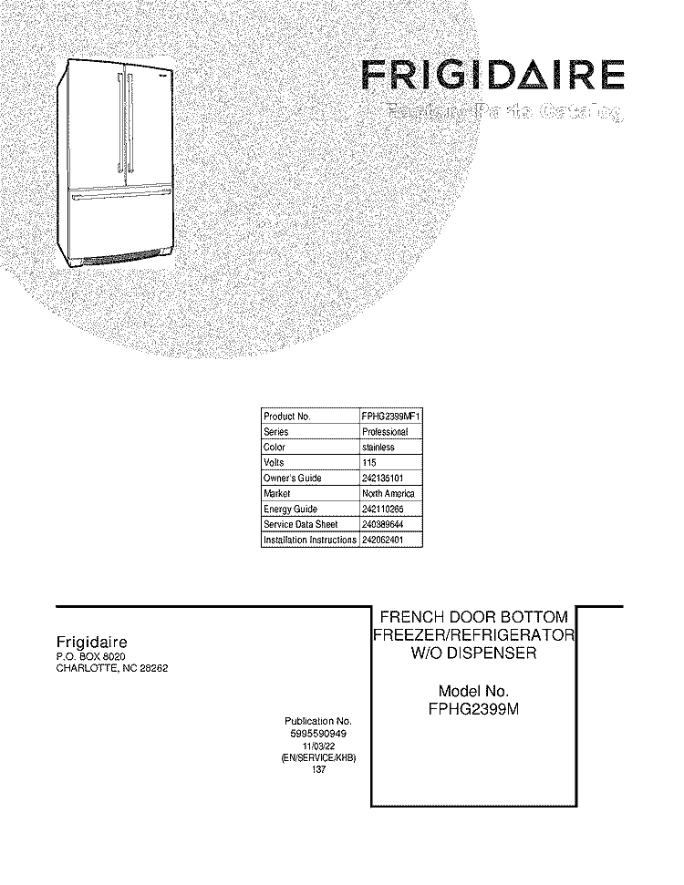 COVER Diagram and Parts List for FPHG2399MF1  Frigidaire Refrigerator
