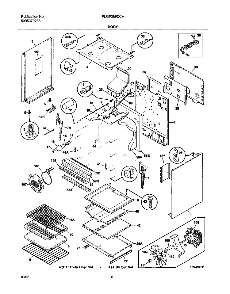 BODY Diagram and Parts List for PLGF389CCA  Frigidaire Range