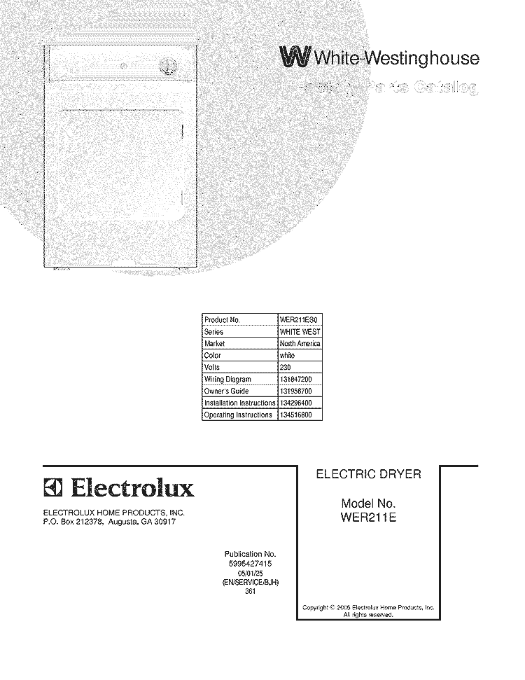 COVER Diagram and Parts List for WER211ES0  Westinghouse Dryer