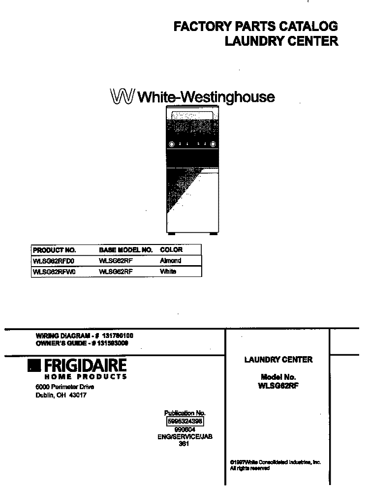 COVER Diagram and Parts List for WLSG62RFD0  Frigidaire Washer Dryer Combo