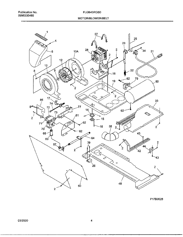 MOTOR / BLOWER / BELT Diagram and Parts List for FLGB43RGS0  Frigidaire Washer Dryer Combo