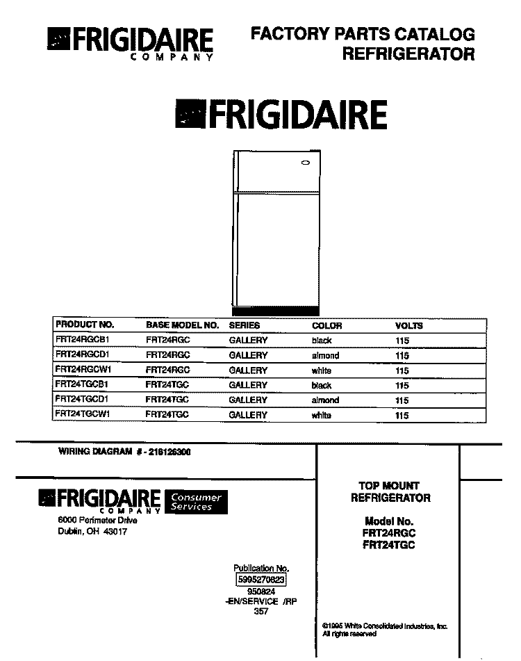 COVER Diagram and Parts List for FRT24RGCB1  Frigidaire Refrigerator
