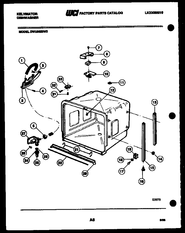 TUB AND FRAME PARTS Diagram and Parts List for DWU6025W2  Kelvinator Dishwasher
