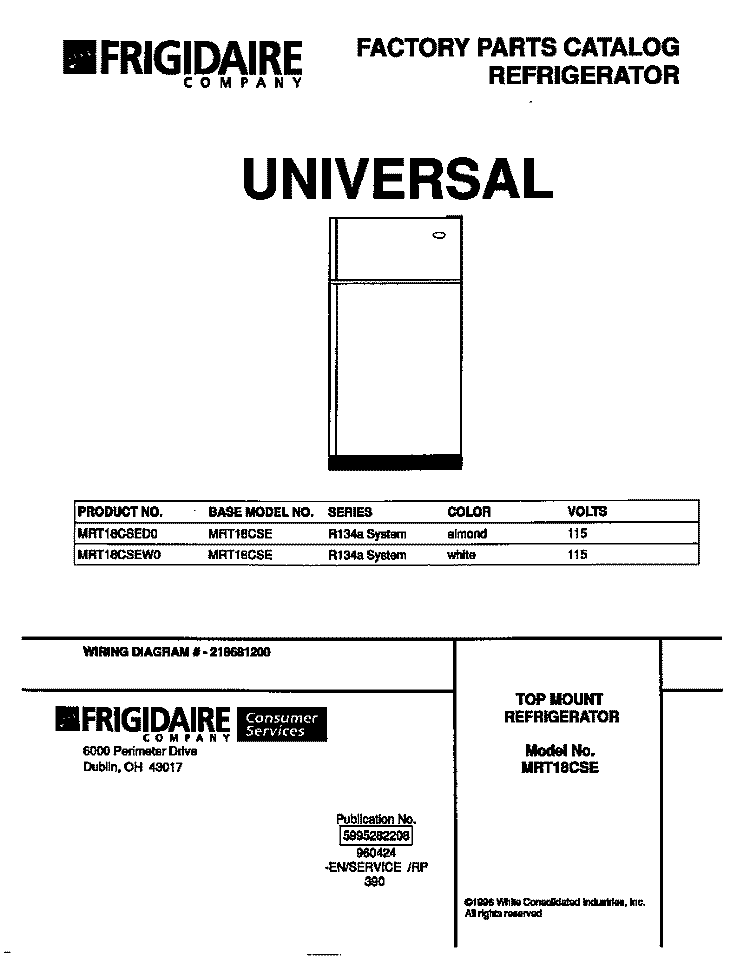COVER Diagram and Parts List for MRT18CSED0  Frigidaire Refrigerator