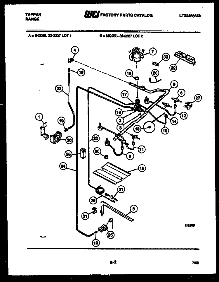 BURNER, MANIFOLD AND GAS CONTROL Diagram and Parts List for 32-2227-00-01  Tappan Range