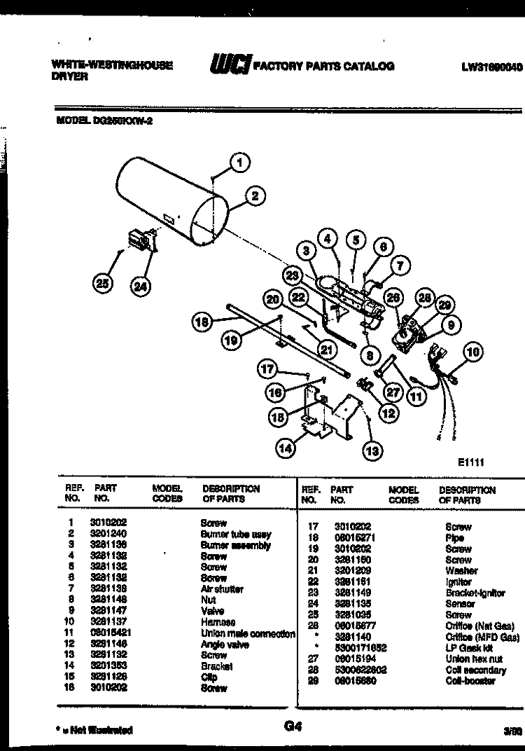 BURNER, IGNITER AND VALVE Diagram and Parts List for DG250KXH2  Frigidaire Dryer